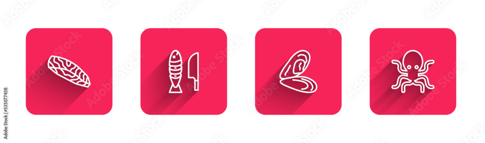 Set line Fish steak, with sliced pieces, Mussel and Octopus with long shadow. Red square button. Vector Set line Fish steak, with sliced pieces, Mussel and Octopus with long shadow. Red square button. Vector