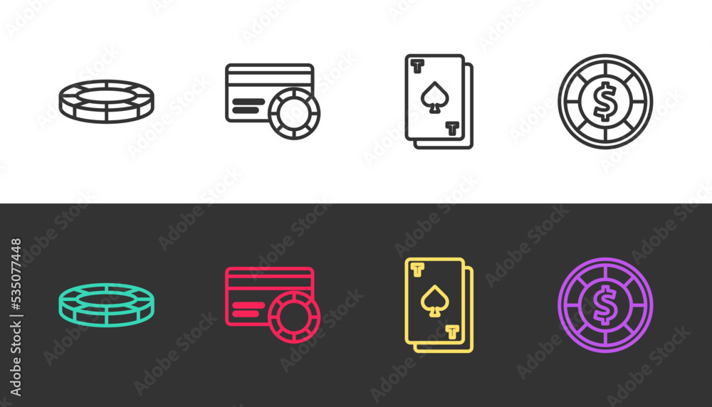 Set line Casino chips, Credit card, Playing with spades and on black and white. Vector Set line Casino chips, Credit card, Playing with spades and on black and white. Vector