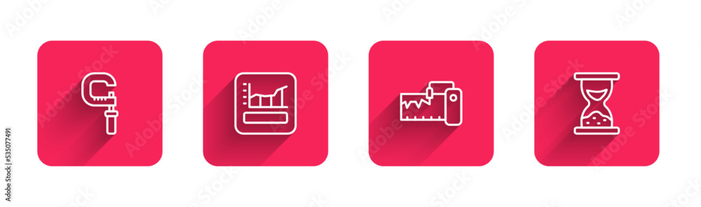 Set line Micrometer, Graph, schedule, chart, diagram, Measuring instrument and Old hourglass with sand with long shadow. Red square button. Vector Set line Micrometer, Graph, schedule, chart, diagram, Measuring instrument and Old hourglass with sand with long shadow. Red square button. Vector