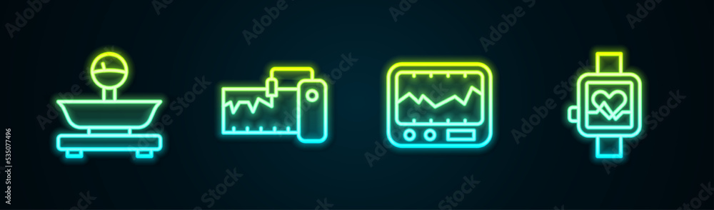 Set line Scales, Measuring instrument, and Smart watch. Glowing neon icon. Vector