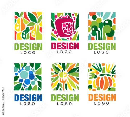 Tropical fruit and berries logo design set. Fresh juice, organic food labels and badges vector illustration