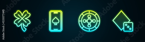 Set line Casino slot machine with clover, Online poker table game, roulette wheel and Game dice. Glowing neon icon. Vector