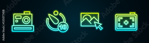 Set line Photo camera, Camera timer, retouching and . Glowing neon icon. Vector