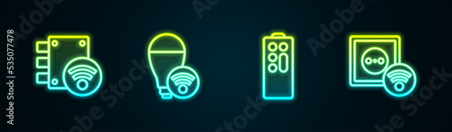 Set line Digital door lock, Smart light bulb, Remote control and electrical outlet. Glowing neon icon. Vector