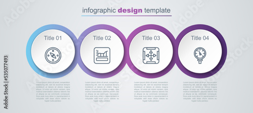 Set line Compass, Graph, schedule, chart, diagram, Area measurement and Pressure water meter. Business infographic template. Vector