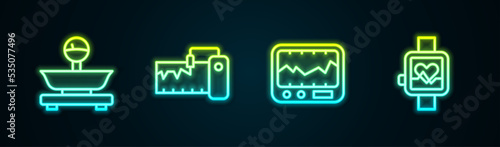 Set line Scales, Measuring instrument, and Smart watch. Glowing neon icon. Vector