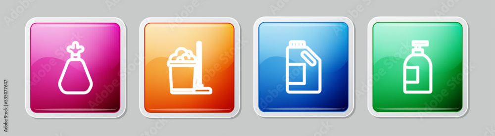Set line Garbage bag, Mop and bucket, Bottle for cleaning agent and Dishwashing liquid bottle. Colorful square button. Vector Set line Garbage bag, Mop and bucket, Bottle for cleaning agent and Dishwashing liquid bottle. Colorful square button. Vector