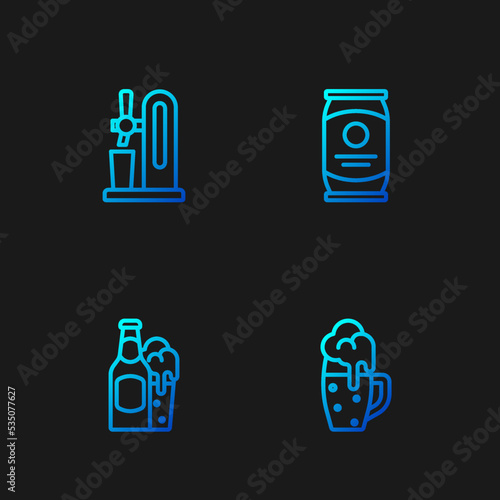 Set line Glass of beer, Beer bottle and glass, tap with and can. Gradient color icons. Vector