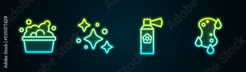Set line Basin with soap suds, Home cleaning service, Air freshener spray bottle and Sponge. Glowing neon icon. Vector
