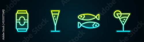 Set line Beer can, Glass of champagne, Dried fish and Martini glass. Glowing neon icon. Vector