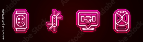 Set line Knee pads, Tool allen keys, Skateboard wheel and Baseball cap. Glowing neon icon. Vector