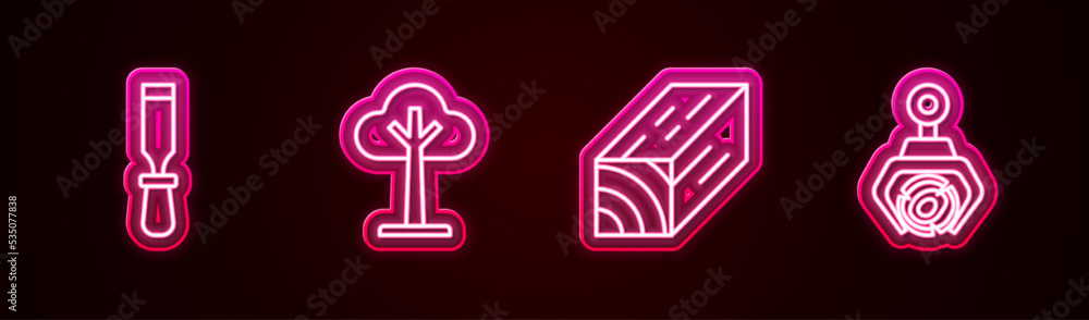 Set line Chisel tool, Tree, Wooden beam and Grapple crane grabbed log. Glowing neon icon. Vector Set line Chisel tool, Tree, Wooden beam and Grapple crane grabbed log. Glowing neon icon. Vector