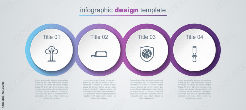 Set line Tree, Hacksaw, Wooden logs and Chisel tool. Business infographic template. Vector