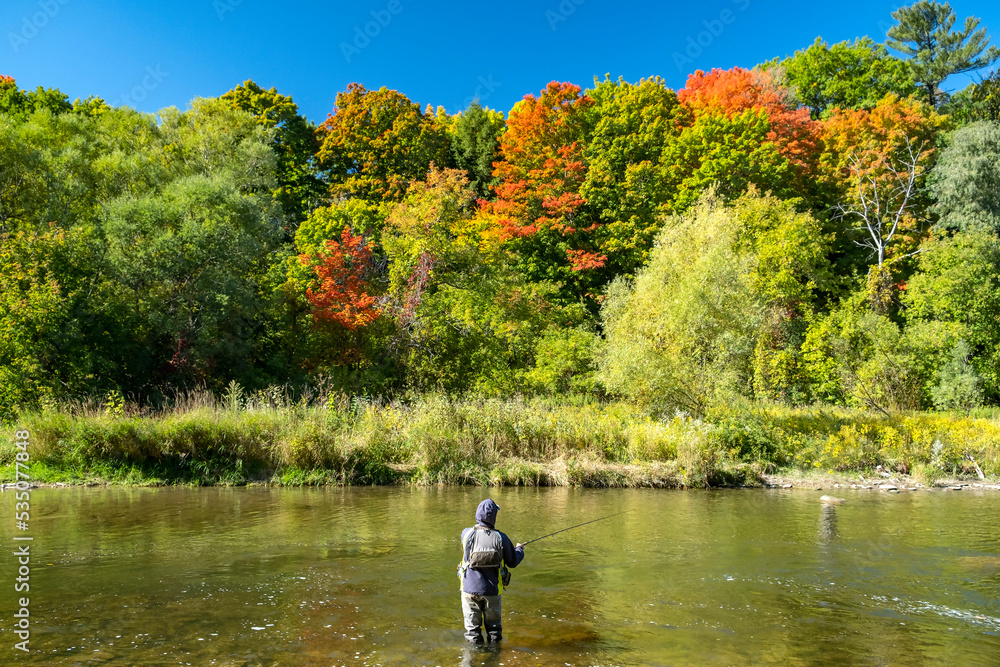 One Fisherman Standing in Credit River on a Sunny Autumn Day Hoping to Catch a Salmon Fish