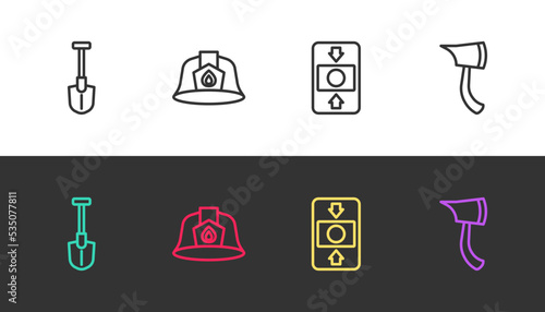 Set line Fire shovel, Firefighter helmet, alarm system and axe on black and white. Vector