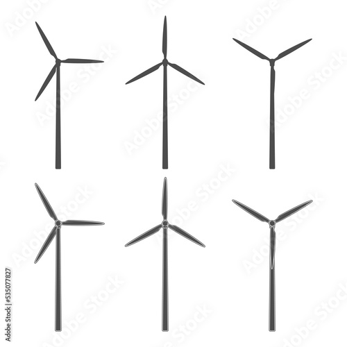 Set of black and white illustrations with a wind turbine, windmill. Isolated vector objects on a white background.