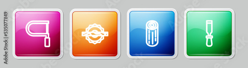 Set line Hacksaw, Electric circular, Wooden logs and Chisel tool. Colorful square button. Vector