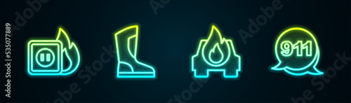 Set line Electric wiring of socket in fire, Fire boots, Burning car and Emergency call 911. Glowing neon icon. Vector