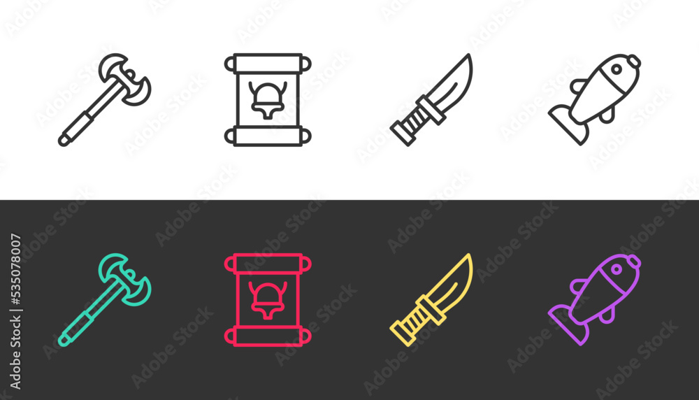 Set line Medieval poleaxe, Decree, parchment, scroll, Dagger and Fish on black and white. Vector Set line Medieval poleaxe, Decree, parchment, scroll, Dagger and Fish on black and white. Vector
