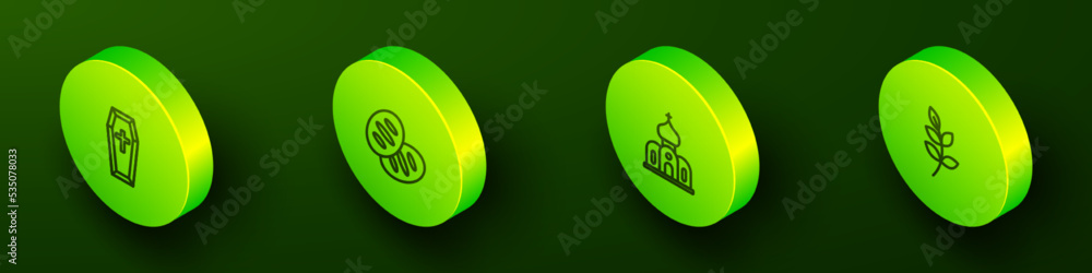 Set Isometric line Coffin, Christian bread, Church building and Willow leaf icon. Vector