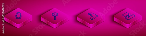 Set Isometric line Fish, Mace with spikes, Ancient viking boots and Viking ship Drakkar icon. Vector
