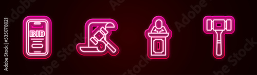 Set line Online auction, Auction hammer, auctioneer sells and . Glowing neon icon. Vector
