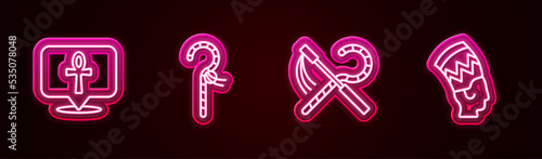 Set line Cross ankh, Crook, and flail and Nefertiti. Glowing neon icon. Vector