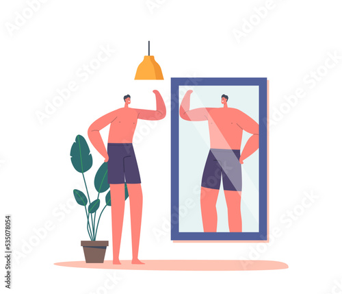 Distorted Inadequate Perception Concept. Skinny Man Look At Mirror Reflection And Dreaming To Be Strong Male Character