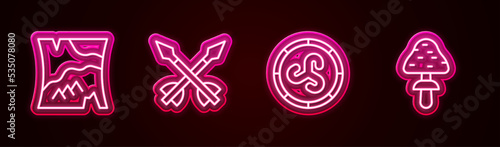 Set line Folded map, Medieval arrows, Shield viking and Mushroom. Glowing neon icon. Vector