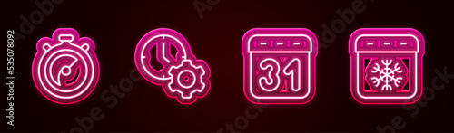 Set line Stopwatch, Time management, Calendar and winter. Glowing neon icon. Vector