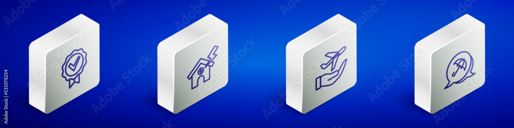 Set Isometric line Approved and check mark, House lightning, Plane hand and Umbrella icon. Vector Set Isometric line Approved and check mark, House lightning, Plane hand and Umbrella icon. Vector
