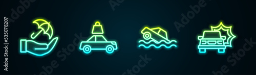 Set line Umbrella in hand, Car insurance, Flood car and accident. Glowing neon icon. Vector