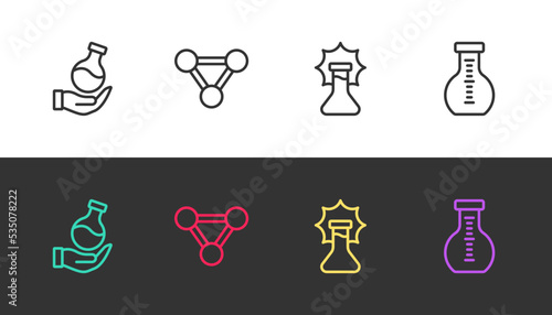 Set line Test tube, Molecule, Explosion in the flask and on black and white. Vector