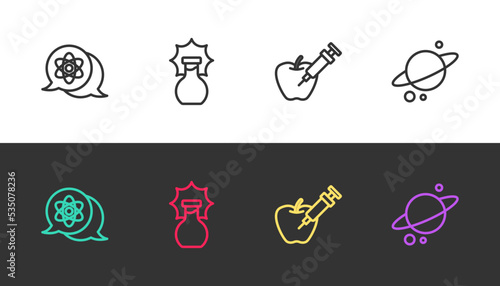 Set line Atom, Explosion in the flask, Genetically modified apple and Planet Saturn on black and white. Vector