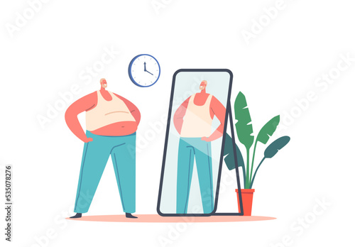 Fat Man Look At Mirror Reflection And Dreaming To Be Beautiful Confident Male Character. Distorted Perception Concept