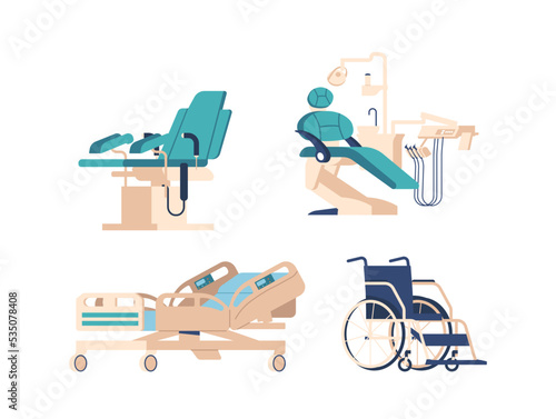 Set of Medical Equipment and Apparatuses, Dentist Couch and Gynecological Chair, Wheelchair Clinic and Hospital Devices