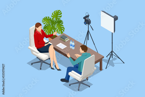 Isometric Video Blogger Records Content In His Studio, Live Streaming, Broadcast concept. Video Streaming Podcast. Online Video. Male and Female Social Media Network Bloggers.