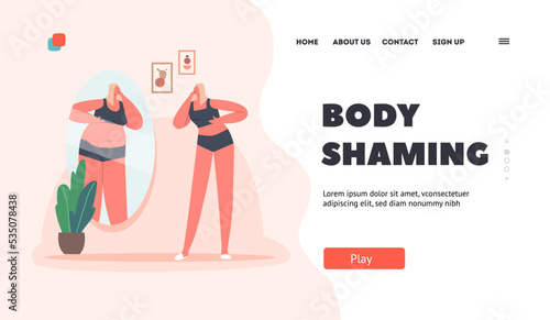 Body Shaming Landing Page Template. Thin Girl Look In Mirror And Sees Herself Fat. Eating Disorder, Weight Loss