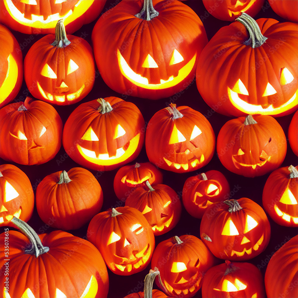 Fototapeta premium Seamless Halloween pattern with lighted pumpkins