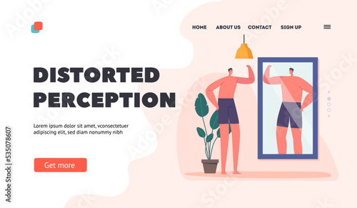 Distorted Perception Landing Page Template.Skinny Man Look At Mirror Reflection And Dreaming To Be Strong Male Character