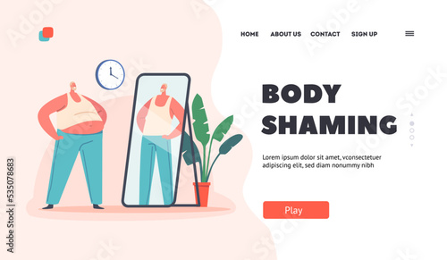 Body Shaming Landing Page Template. Fat Man Look At Mirror Reflection And Dreaming To Be Beautiful Confident Character