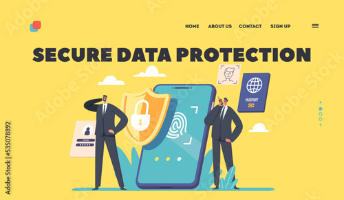 Mobile Data Protection Landing Page Template. Safeguard Characters at Smartphone with Fingerprint, Biometrics
