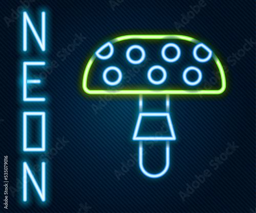 Glowing neon line Amanita muscaria or fly agaric hallucinogenic toadstool mushroom icon isolated on black background. Spotted poisonous mushroom. Colorful outline concept. Vector