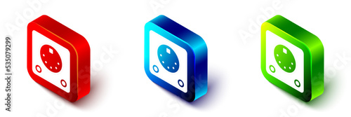 Isometric Drum machine icon isolated on white background. Musical equipment. Red, blue and green square button. Vector