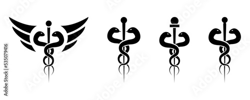 Set of Caduceus symbols vector. Black medical snake on white background. Health sign. Vector icons.