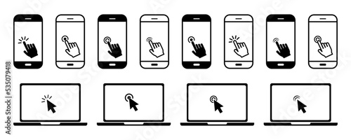 Click computer mouse on screen laptop and hand touch on screen smartphone. Cursor and laptop. Finger touch in phone. Vector icons set.