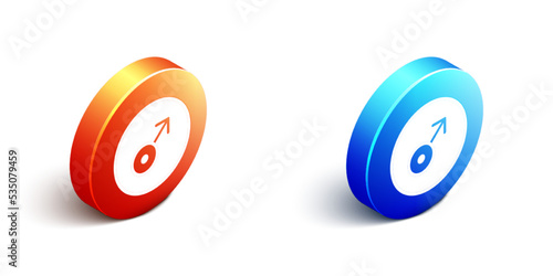 Isometric Mars symbol icon isolated on white background. Astrology, numerology, horoscope, astronomy. Orange and blue circle button. Vector