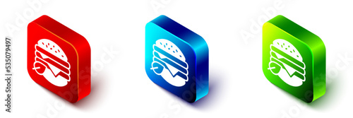 Isometric Vegan food diet icon isolated on white background. Organic, bio, eco symbol. Vegan, no meat, lactose free, healthy, fresh and nonviolent food. Red, blue and green square button. Vector