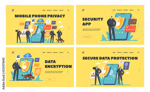 Mobile Data Privacy in Internet Landing Page Template Set. Safeguards Characters with Shepherd Dog at Huge Smartphone