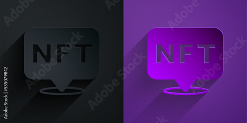 Paper cut NFT Digital crypto art icon isolated on black on purple background. Non fungible token. Paper art style. Vector